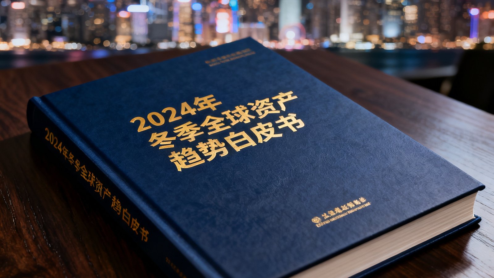 2024年冬季全球资产趋势白皮书封面特写，深蓝色精装封面印有金色烫金标题，背景是香港夜景的虚化光影，白皮书置于深色木质桌面上