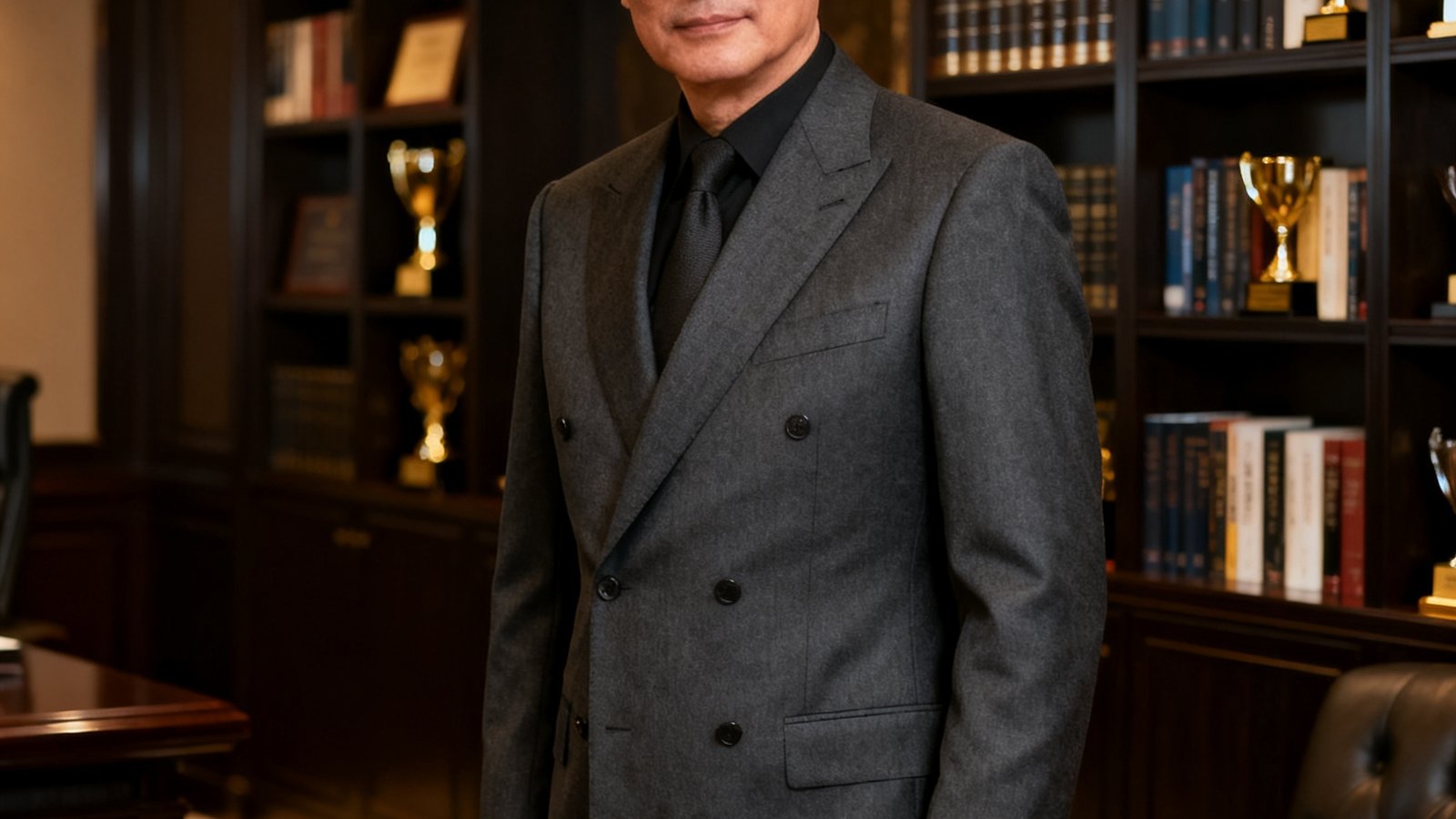 GBTJT首席策略顾问周明辉博士的正式商务肖像照，五十岁左右男性，身着深灰色定制西装搭配金色袖扣，背景为贵宾厅书架墙，神态沉稳自信